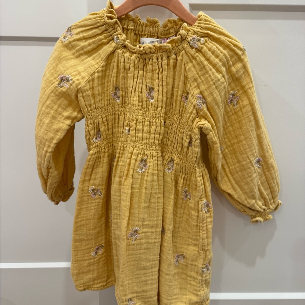 Zara Mustard Yellow Smocked Cotton Kids Dress with Embroidered Flowers